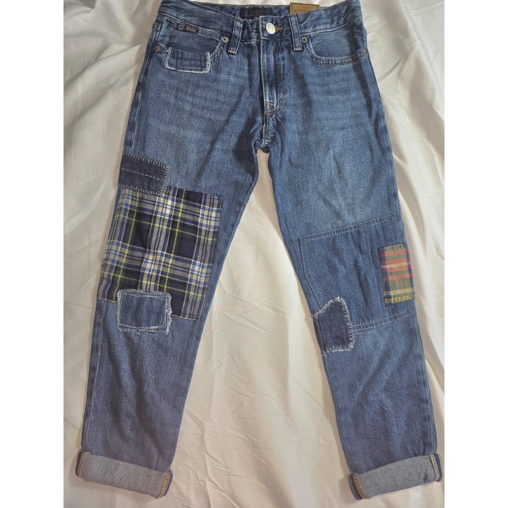 Polo Ralph Lauren Astor Slim Boyfriend Blue Patchwork Plaid Denim Jeans Size 8